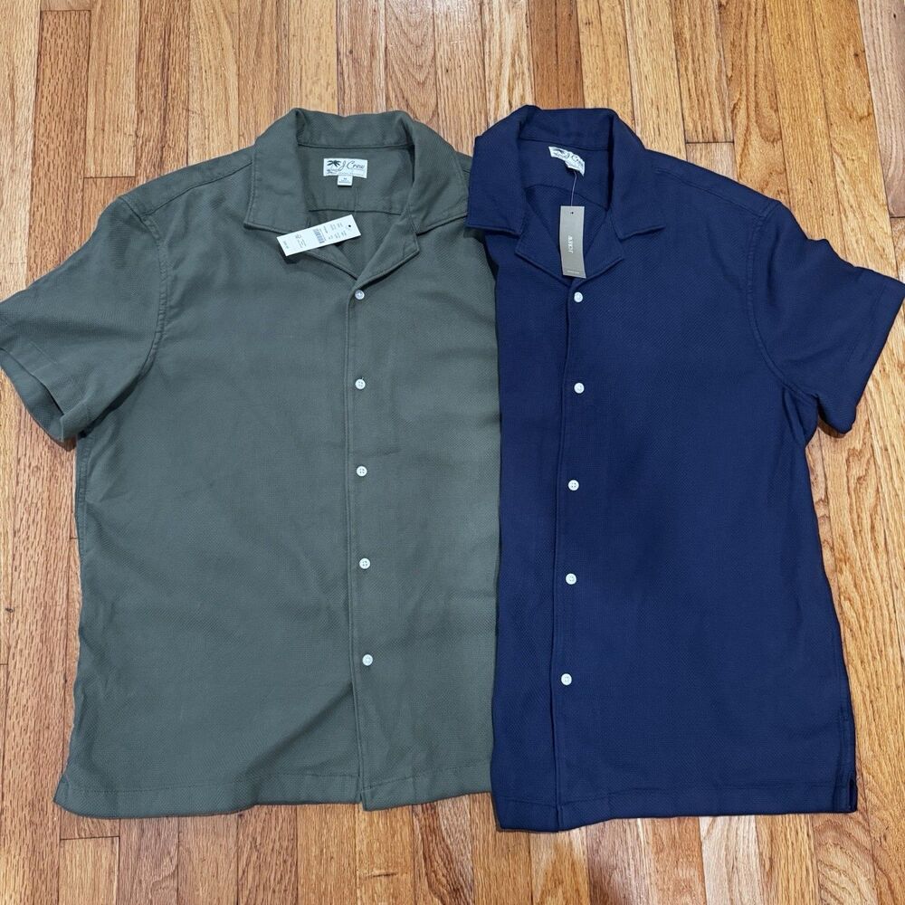 Lot 2 J.Crew Men Textured Camp Collar Button Knit Short Sleeve Shirt M blue gree